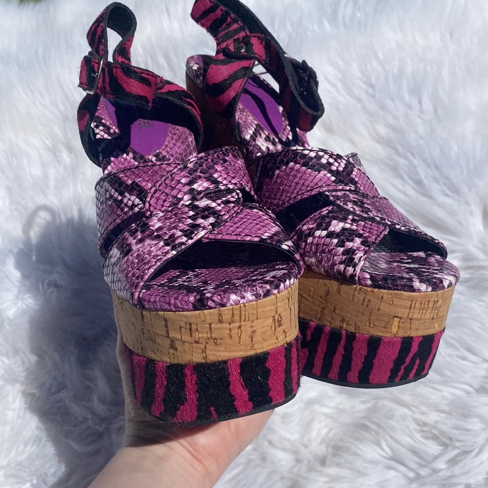 Jeffrey Campbell • Leather Kitsch Colorful Animal Print Cork Wedges - Picture 9 of 10
